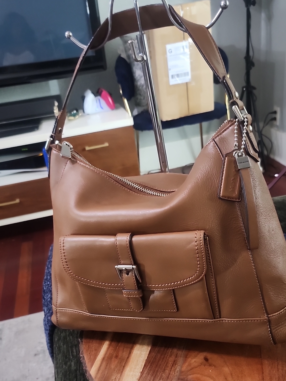 Coach Charlie Tan Leather Shoulder Bag with Front Buckle Pocket